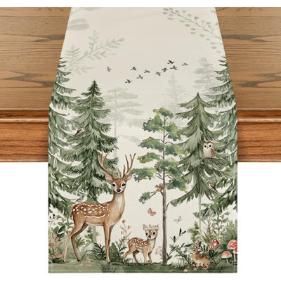 Chemin de table - vert forêt, cerf et lapin, décoration de table printemps et été