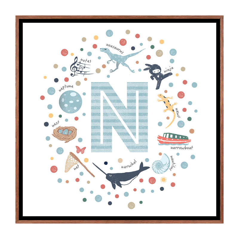 Lettre illustrée N bleue - impression, Toile avec cadre brun, Pas de tapis, H 18 po x l 18 po x 1,5 po