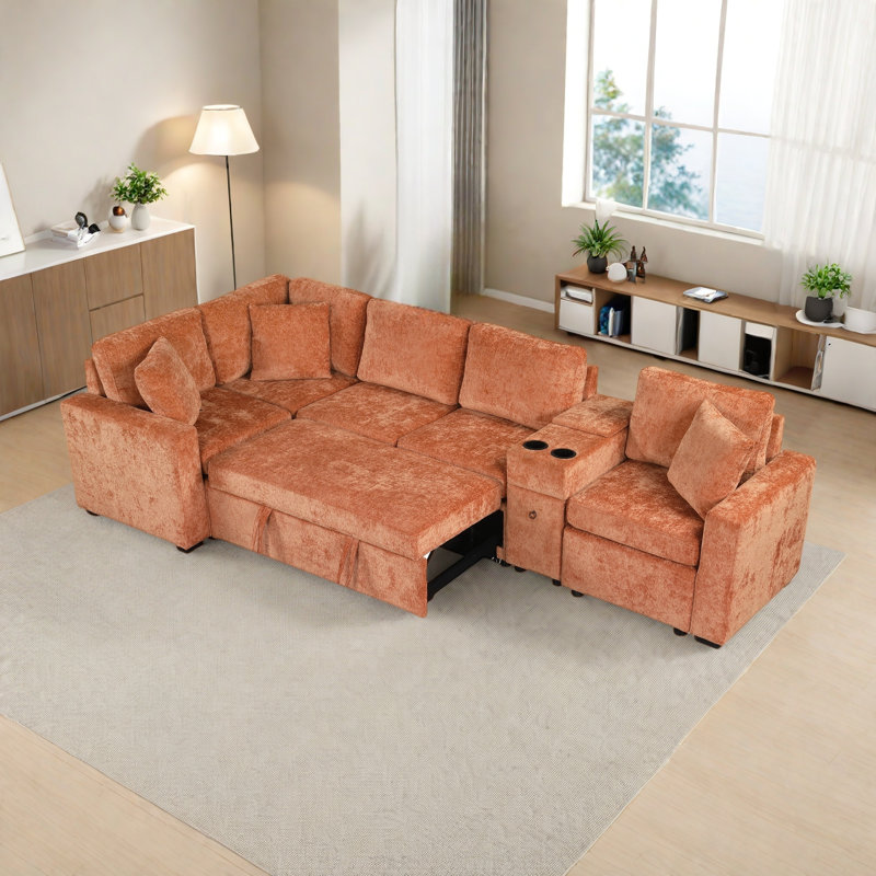 Canapé modulaire convertible en L avec lit escamotable, porte-gobelets, 3 coussins et beaucoup d'espace de rangement
