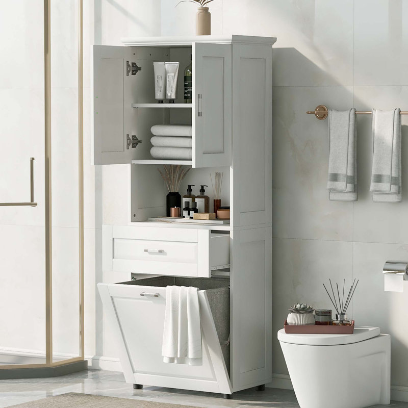 Tall Bathroom Cabinet With Laundry Basket, White