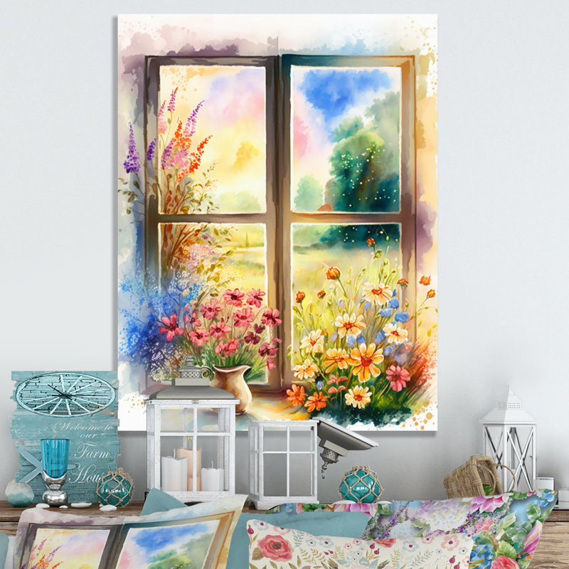 Été coucher de soleil floral fenêtre IV - impression, H 32 po x l 16 po x P 1 po, Toile tendue