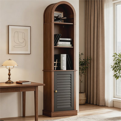 Tall Arched‑Top Wooden Corner Storage Cabinet with Shutter Door, Freestanding Narrow Corner Display Bookshelf for Living Room, Bedroom, Small Spaces, Walnut Brown