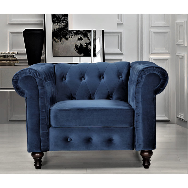 Fauteuil Chesterfield l 39,76 po Shahan, Velours bleu foncé