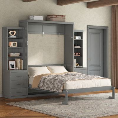 Grand lit escamotable avec tablettes de rangement et tiroirs, armoire murale peu encombrante, sans sommier tapissier, gris