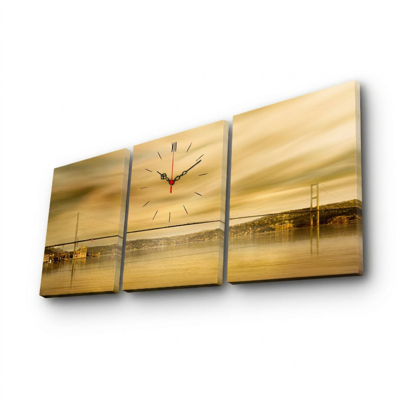 3 Piece Golden Seascape Triptych Wall Clock