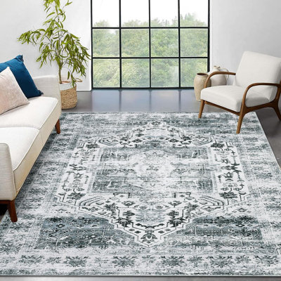 Rug Kitchen Hallway Entryway – Vintage Floral Oriental Design Non-Slip Stain Resistant Low Pile Floor Covering (Blue)