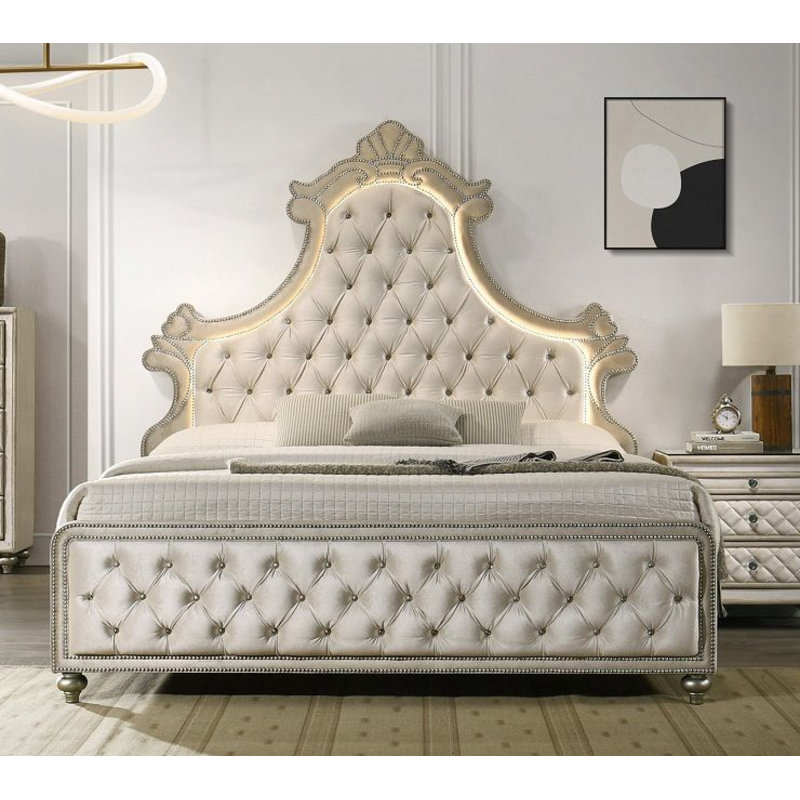 Lucienne Upholstered Scalloped Bed W/LED, Queen
