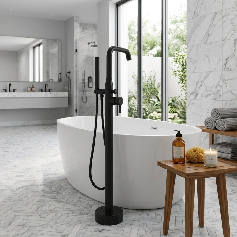 Single Handle Floor Mounted Tub Faucet, Matte Black