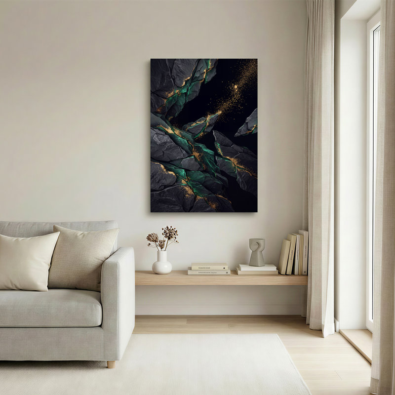Abstrait, pierre foncée abstraite avec fissures bleu sarcelle et toile dorée, 24"H x 16"W