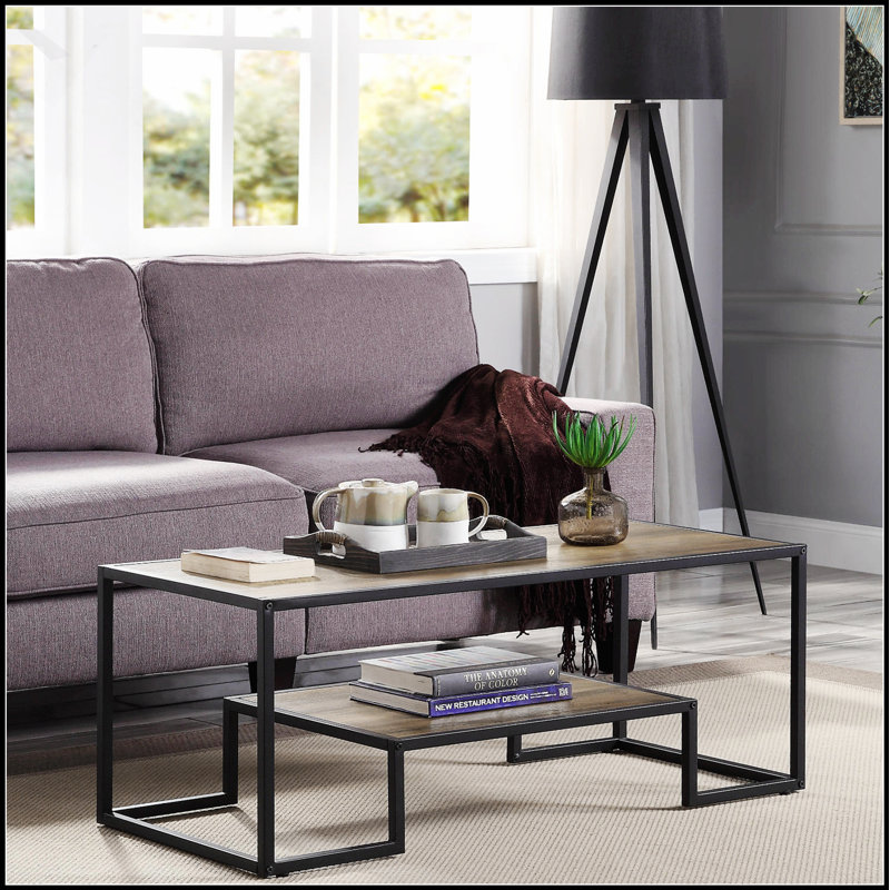 Table basse rectangulaire avec tablette à 1 niveau, finition chêne rustique et structure en métal robuste pour les salons modernes