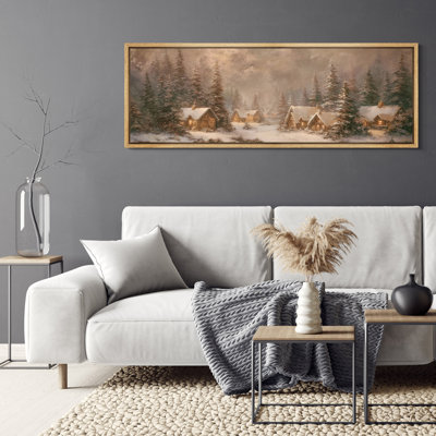 Cozy Winter Cabin Village in Snowy Pine Forest Sunset - grande impression sur toile encadrée dans la chambre principale