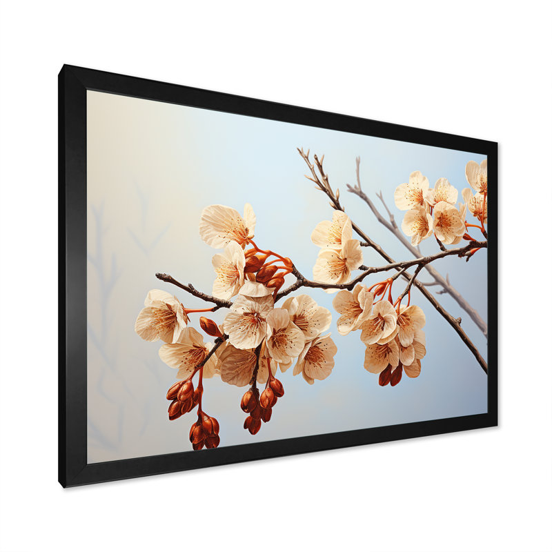 Douce branche de fleur de brun doux - reproduction sur toile, H 34 po x l 44 po x P 1,5 po, Cadre simple noir