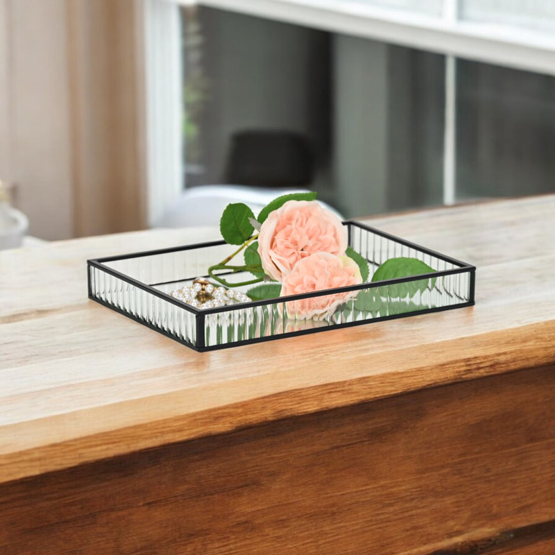 Plateau rectangulaire en verre cannelé Veldra, H 1,3 po x l 11 po x P 7,75 po, Noir, noir, noir, noir