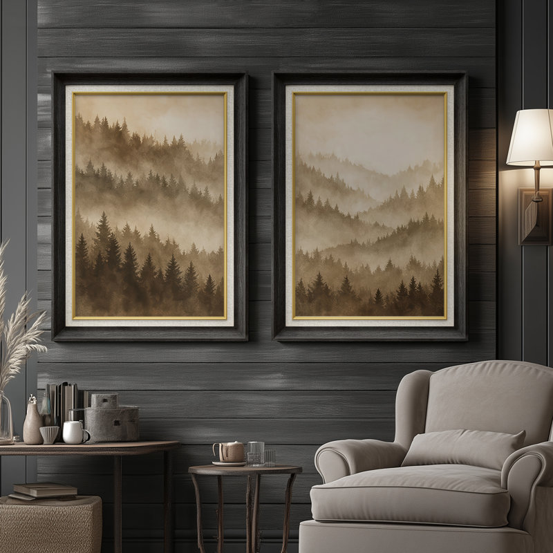 «Warm Misty Mountain Forest Layers» aux tons neutres - ensemble de 2 reproductions d'art encadrées de qualité supérieure sur papier 26 po x 36 po