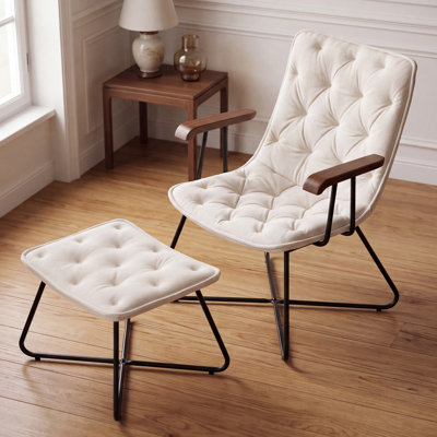 Mid-Century Chenille Upholstered Accent Chair with Ottoman Set, Ergonomic Lounge Chair with Wood Armrest & Metal Frame, Tufted Leisure Chair for Living Room Bedroom