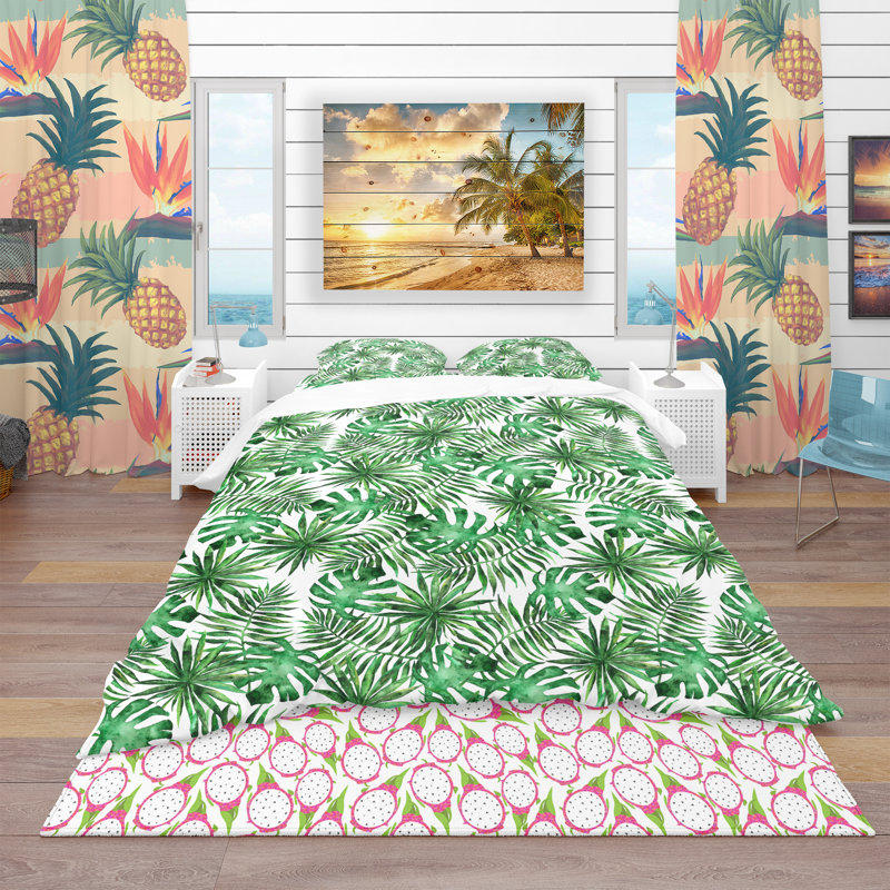 Ensemble de housse de couette tropical, Housse de couette très grand + 2 taies décoratives, Bleu