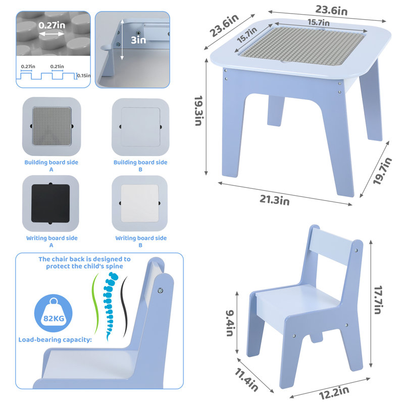 Table en bois pour enfants 4 en 1 et 2 chaises avec tiroirs de rangement et 2 plateaux de table amovibles, compatibles avec les briques Lego et Duplo