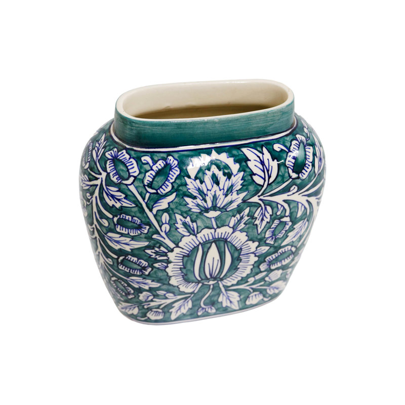 Home&Manor Ceramic Large Green Vase, 10.5" H x 9.5" W x 5" D, Green