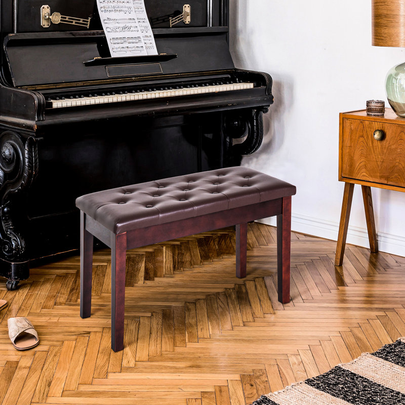 Tabouret de piano rembourré en similicuir brun avec revêtement en bois et siège pour le duo