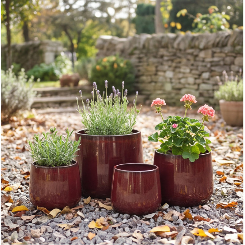 Ensemble de 4 pots de fleurs en céramique faits à la main, glacis rouge foncé tacheté, diamètre du 9 sept. 11/14 po, argile respirante pour plantes d'intérieur et d'extérieur