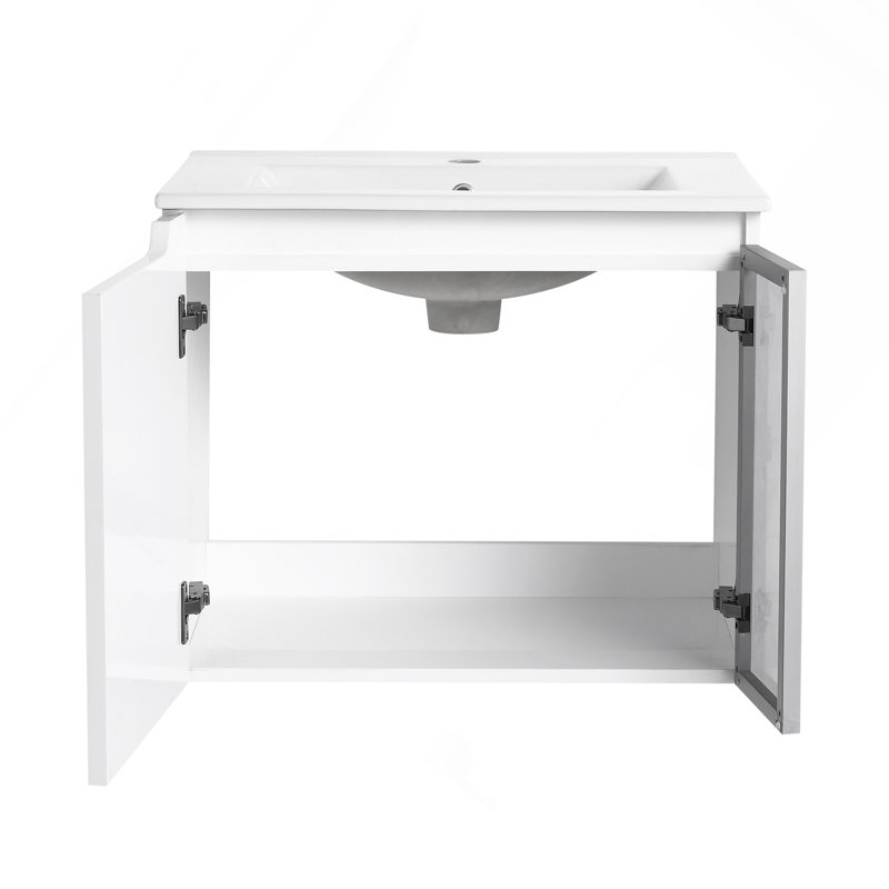 Meuble-lavabo mural 60 po avec lavabo en céramique, portes à fermeture en douceur, meuble-lavabo blanc brillant et 1/2 porte en verre gris, petite tablette de rangement, contreplaqué