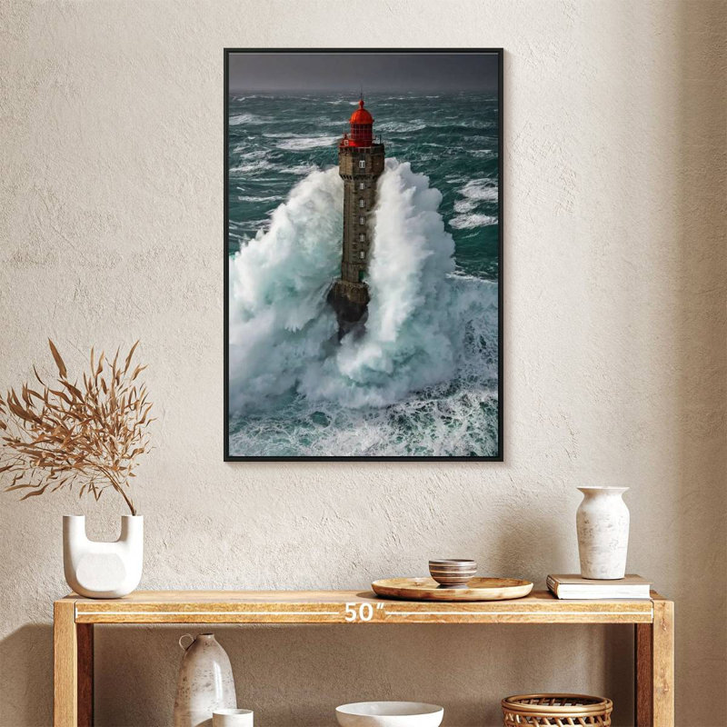 Tempête au phare de La Jument, 25 po x 37 po, Cadre flottant noir