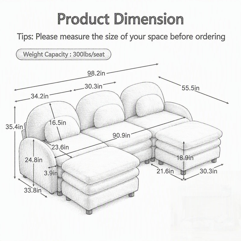 Canapé 3 places en tissu Teddy effet nuage avec dossier incurvé, accoudoirs et coussins lombaires, sectionnel modulable avec 2 poufs amovibles