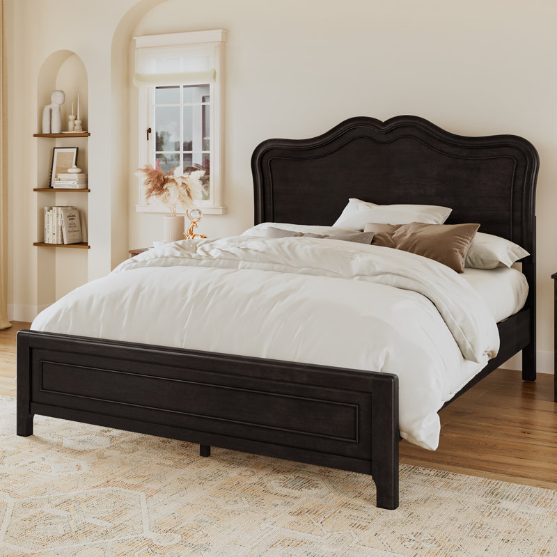 Annalia Mid-Century Modern Solid Wood Bed With Camel Headboard, Queen, Black