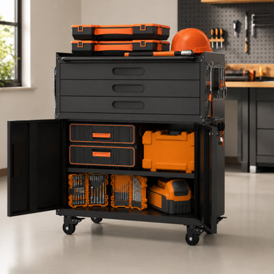 Armoire à outils roulante en métal de 34,3 po avec portes verrouillables, 3 tiroirs, tablettes latérales réglables et panneau perforé, organisateur d'établi mobile robuste pour garage, atelier et maison, acier laminé à froid thermolaqué