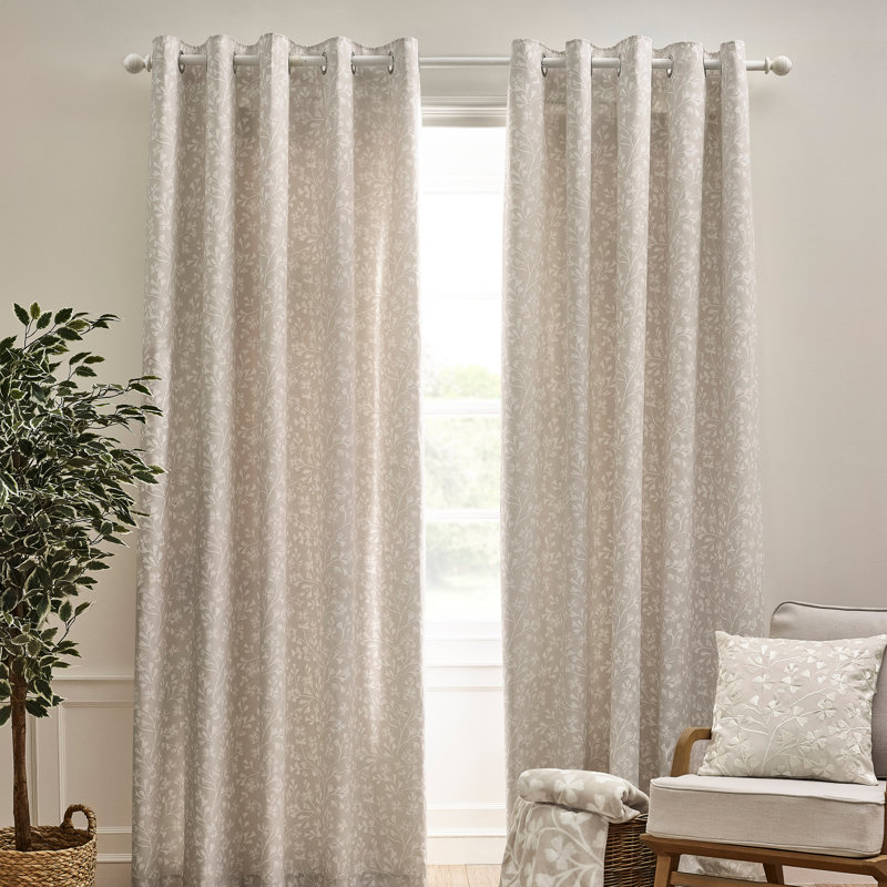 Brooke Floral Lined Eyelet Curtains, Beige, 116.84cm Width x 183cm Drop
