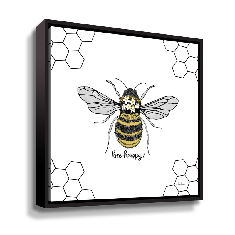 «Bee Happy», impression sur toile, Cadre flottant noir, H 18 po x l 18 po x P 2 po