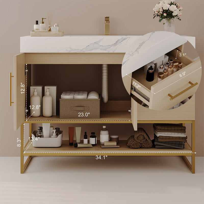 Meuble-lavabo moderne 36 po avec lavabo en céramique sans couture et armoire autoportante dorée, Blanc, Beige