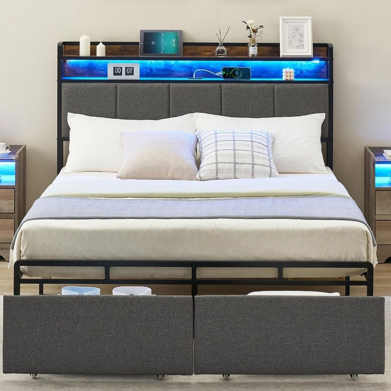 Bed Frame With Headboard, USB & Type-C Charging Station, Queen