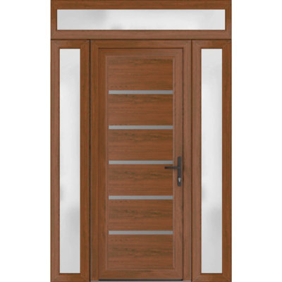 Porte d'entrée extérieure prémontée en PVC-U métallisé Manux 8415 Noyer avec imposte et panneau latéral supérieur. Convient aux bureaux, aux commerces et aux habitations. Dimensions : 54 x 94 po (L 12 + 30 + 12 po x H 80 + 14 po). Ouverture à gauche vers l'intérieur.