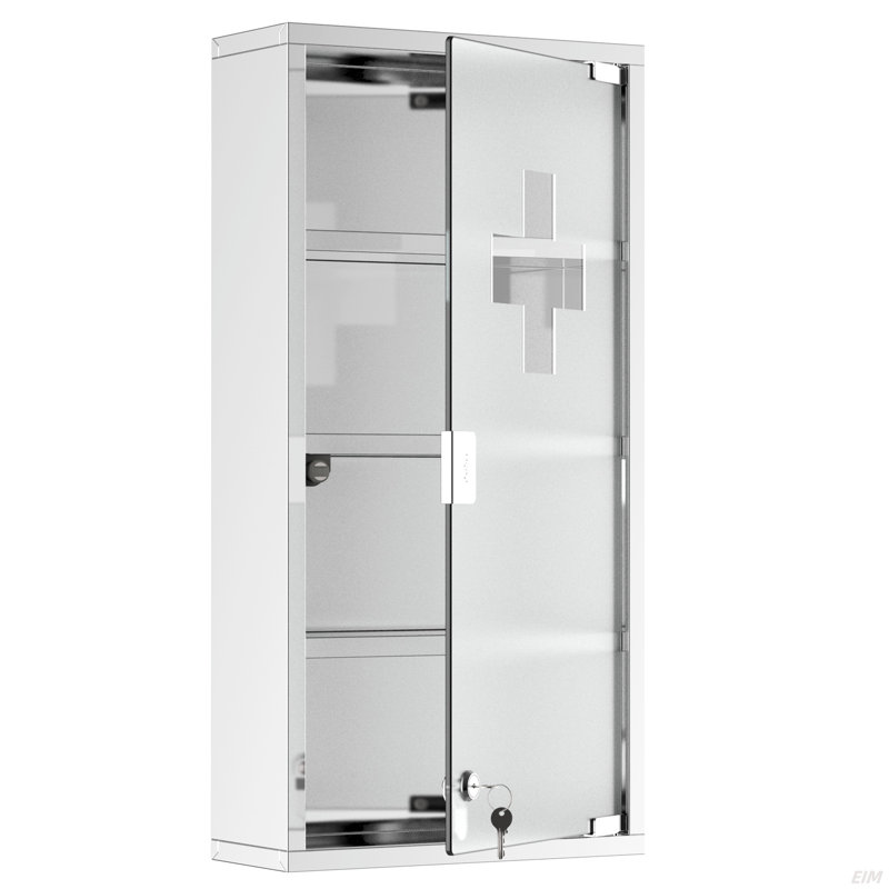 Armoire à pharmacie murale, armoire murale verrouillable avec 4 tablettes à niveaux, cadre en acier inoxydable et porte en verre, verrouillable avec 2 clés, argent, 12 po x 24 po (armoire)
