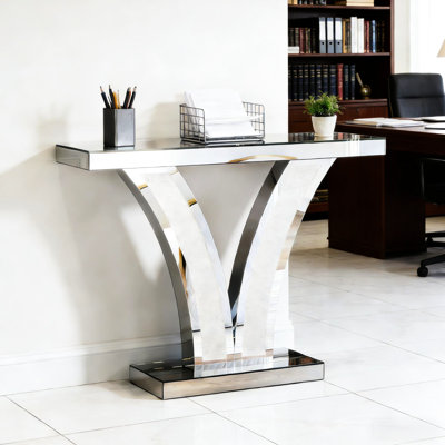 Console scintillante moderne en forme de V avec une finition réfléchissante, une base sécurisée et un dispositif de basculement, idéale pour les entrées de salon, 40,32 po de profondeur, 11,75 de largeur, 31,92 de hauteur de soutien