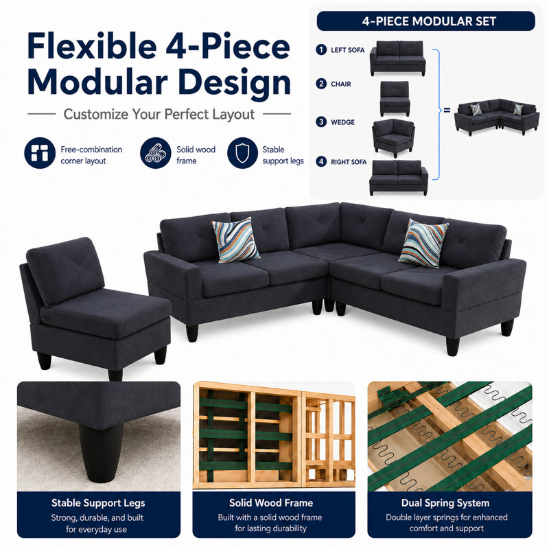 Canapé modulaire 4 pièces avec méridienne réversible et coussins décoratifs 4 pièces, Gris foncé