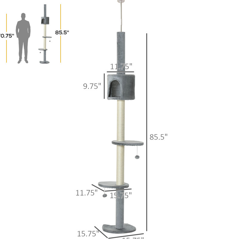 Tour pour chat 85,5 po - Centre d'activités pour 4 escalades. Grattoir, boules suspendues. Stable et confortable. Gris. Pour chats de moins de 10 lb, réglable en hauteur avec système de sécurité.