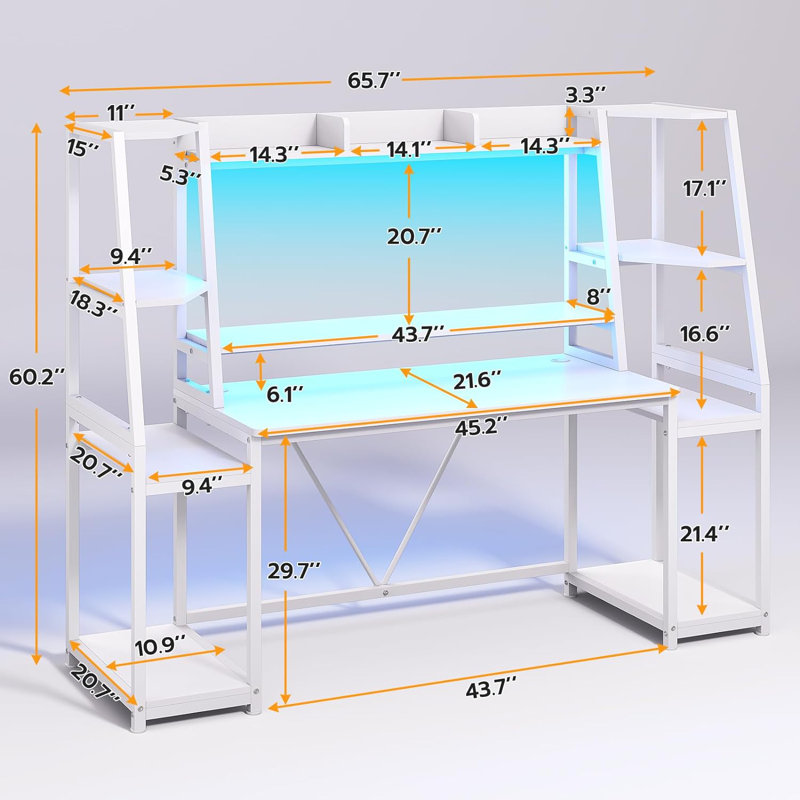 65.7'' Gaming Desk with LED Lights, Hutch and Storage Shelves, Computer Desk with Monitor Stand, Large PC Workstation for Bedroom Living Room, White