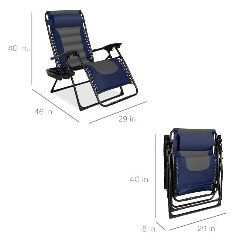 Danny-James Oversized Padded Zero Gravity Chair, Folding Outdoor Patio Recliner w/ Side Tray, Navy/Gray
