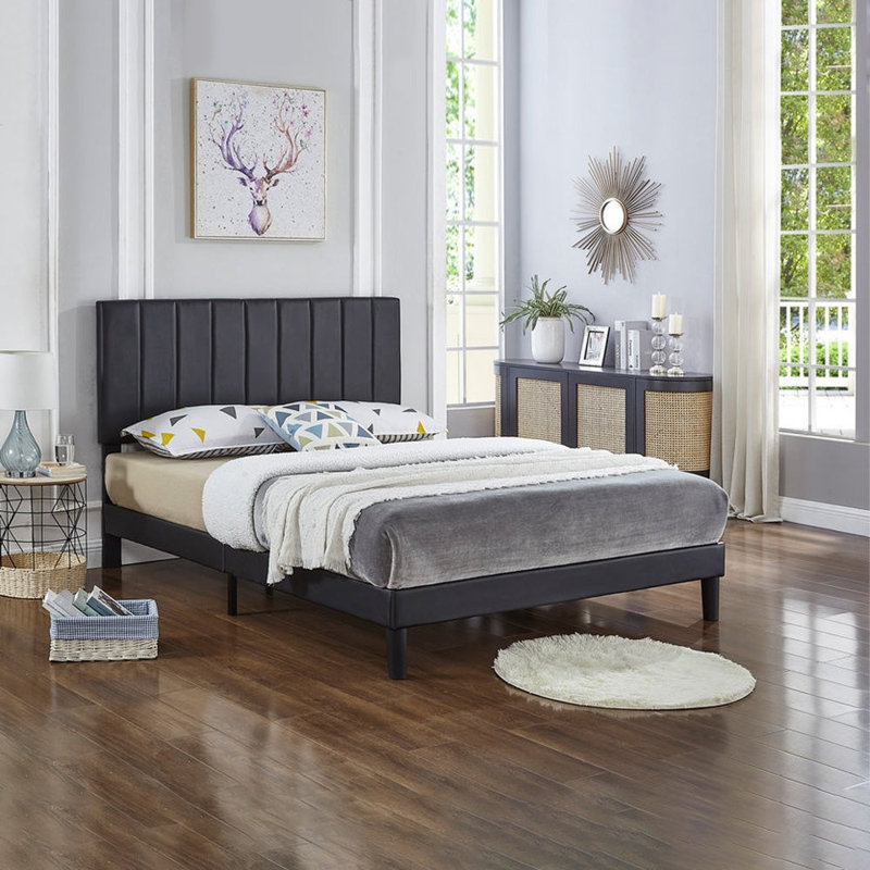 Lit en tissu gris avec tête de lit réglable et capitonnage vertical, Noir