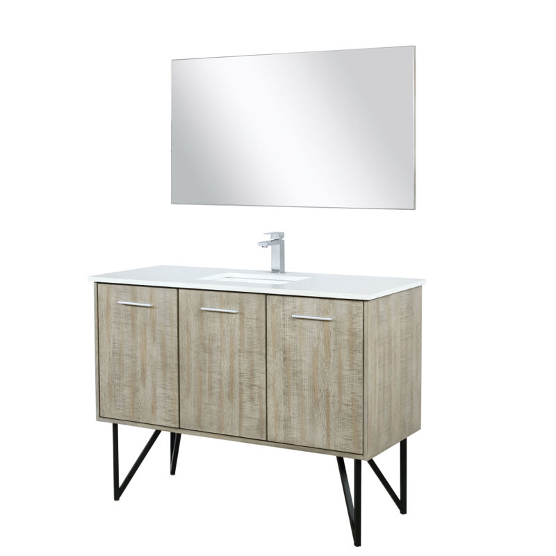 Meuble-lavabo rustique en acacia 48 po X P 20 po , Comptoir en quartz blanc, ensemble de robinets chromés et Miroir