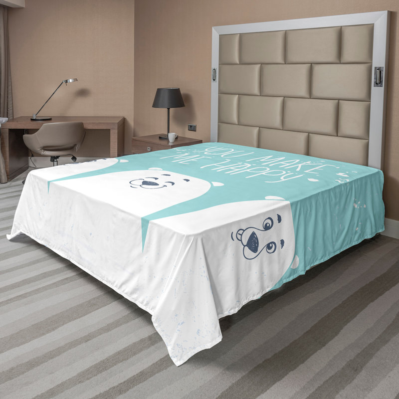 Ambesonne Cartoon Top Flat Sheet Words Bears Queen Aqua White