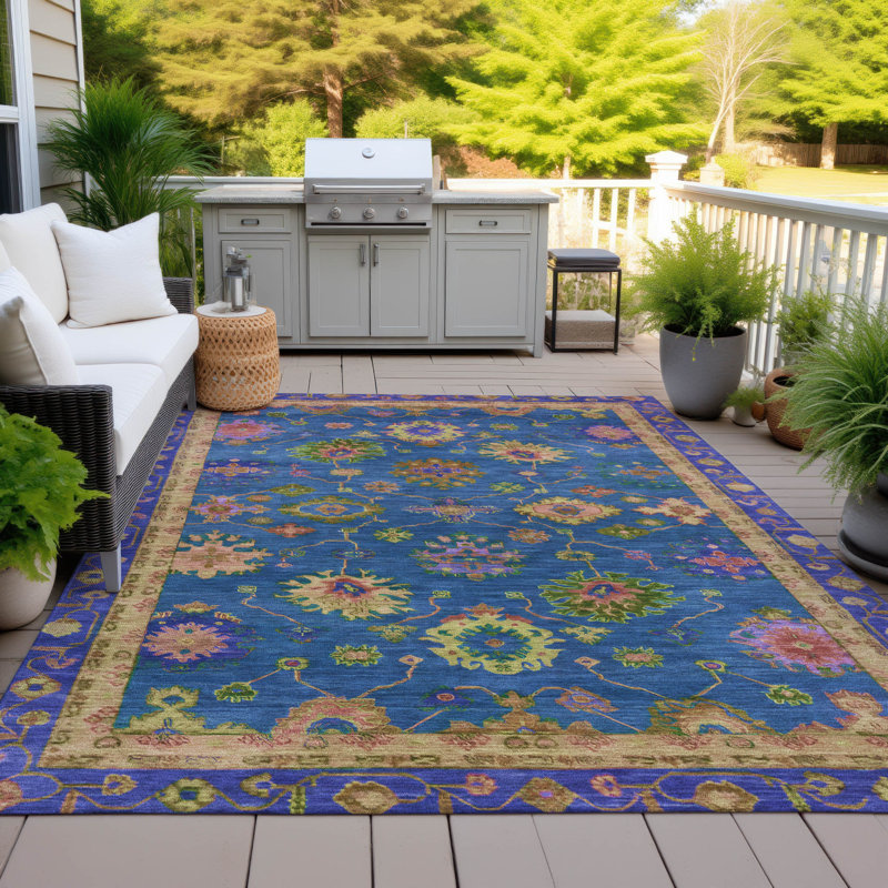 Tapis bleu intérieur / extérieur lavable à la machine Xhevrie, Rectangle 10 pi x 14 pi
