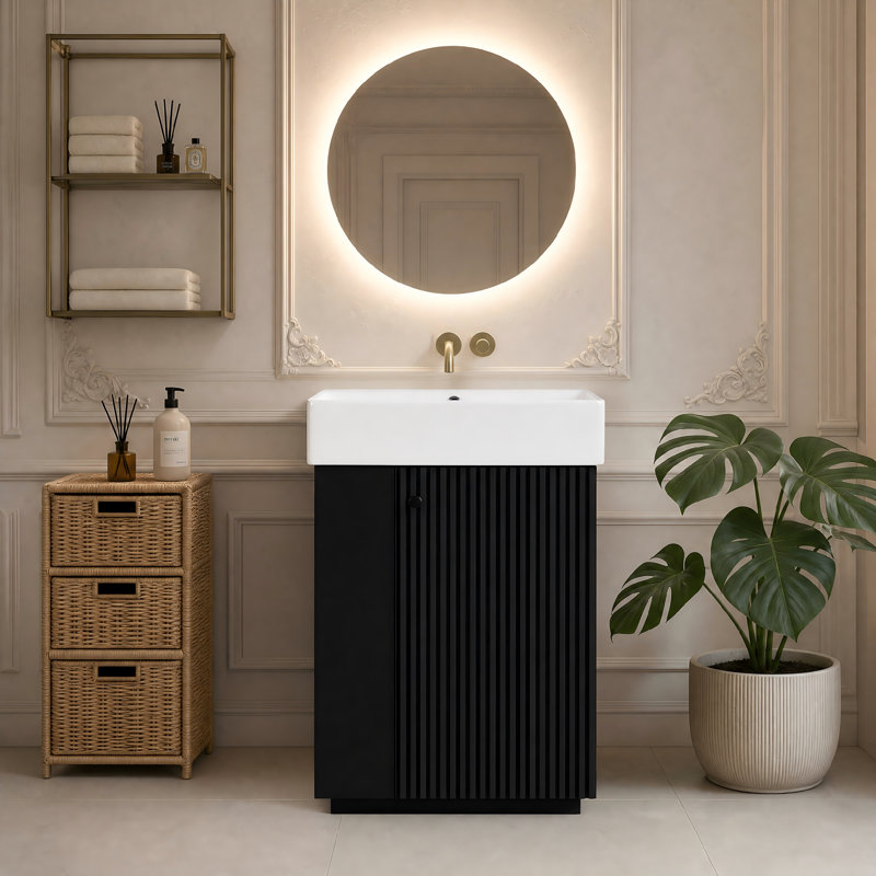 Meuble-lavabo noir pour salle de bain, meuble-lavabo autoportant avec porte à charnières à droite et lavabo en céramique pour petites salles de bain