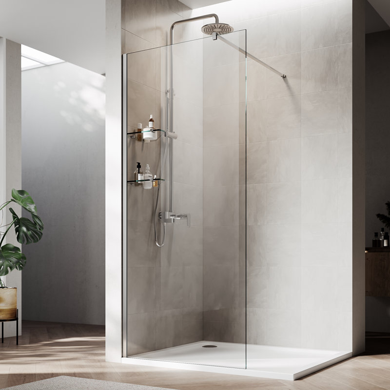 40"Wx74"H Frameless Shower Screen, 8mm Clear Tempered Glass, Aluminum Frame With Storage Shelf, Chrome