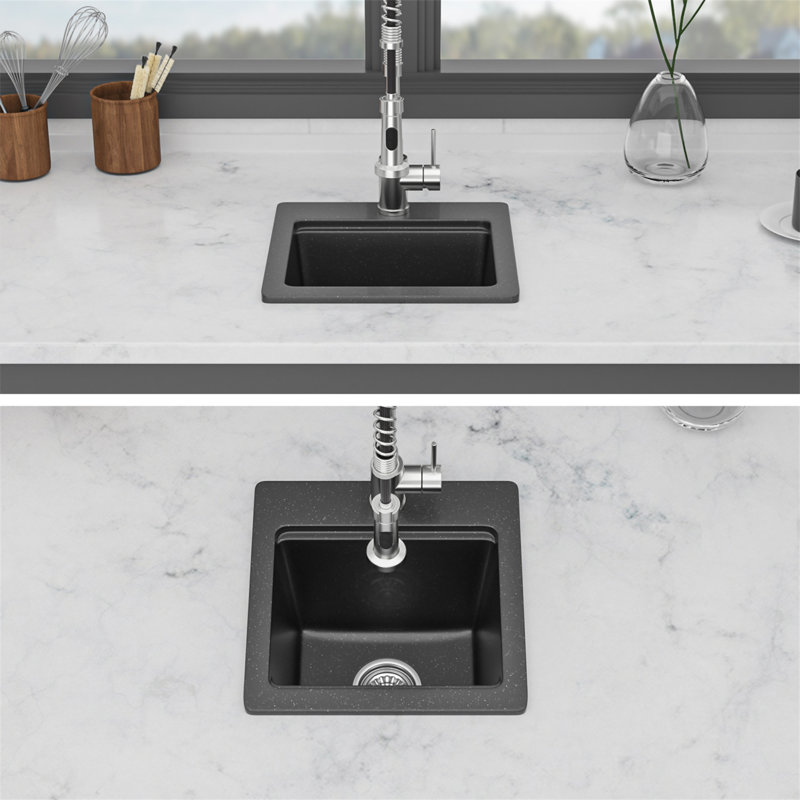 Évier de bar à montage sur comptoir en quartz - Évier de cuisine 15 po x 15 po x 9,65 po