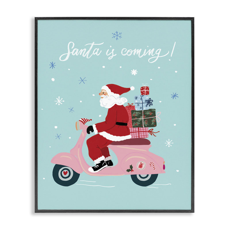Père Noël sur scooter, art de la giclée encadrée par Be Ni La, H 14 po x l 11 po, Giclée encadrée noir minuit