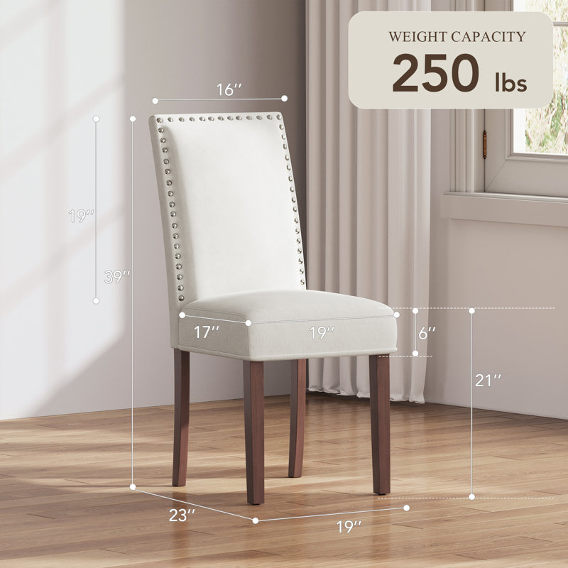 6" Thick Seat Cushion Upholstered Nailhead Trim Linen Parsons Dining Chairs with Solid Wood Legs, Beige