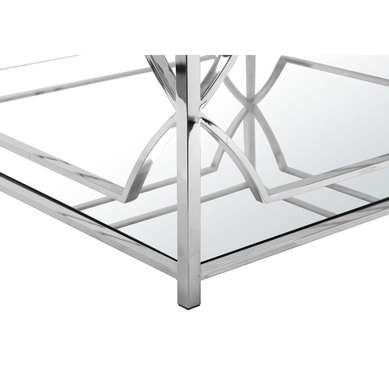 Pangea Home Edward Square Coffee Table - 4 Legs Modern/Glam Coffee Table with Storage - Modern Square Coffee Table – Tempered Glass Top with Silver Steel Frame for Living Room, Bedroom, and Office - Silver Square Coffee Table